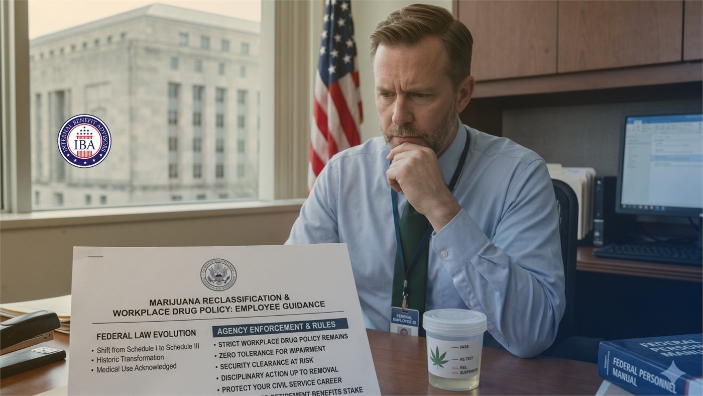 A man at an office desk reading a panel headed Marijuana Reclassification and Workplace Drug Policy: Employee Guidance