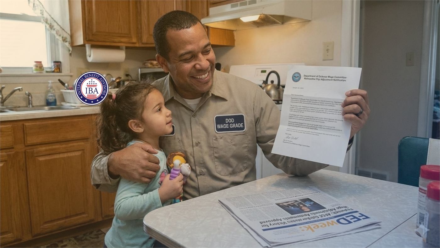 A man in a wage grade uniform showing a document to a child in a kitchen, a newspaper on the counter