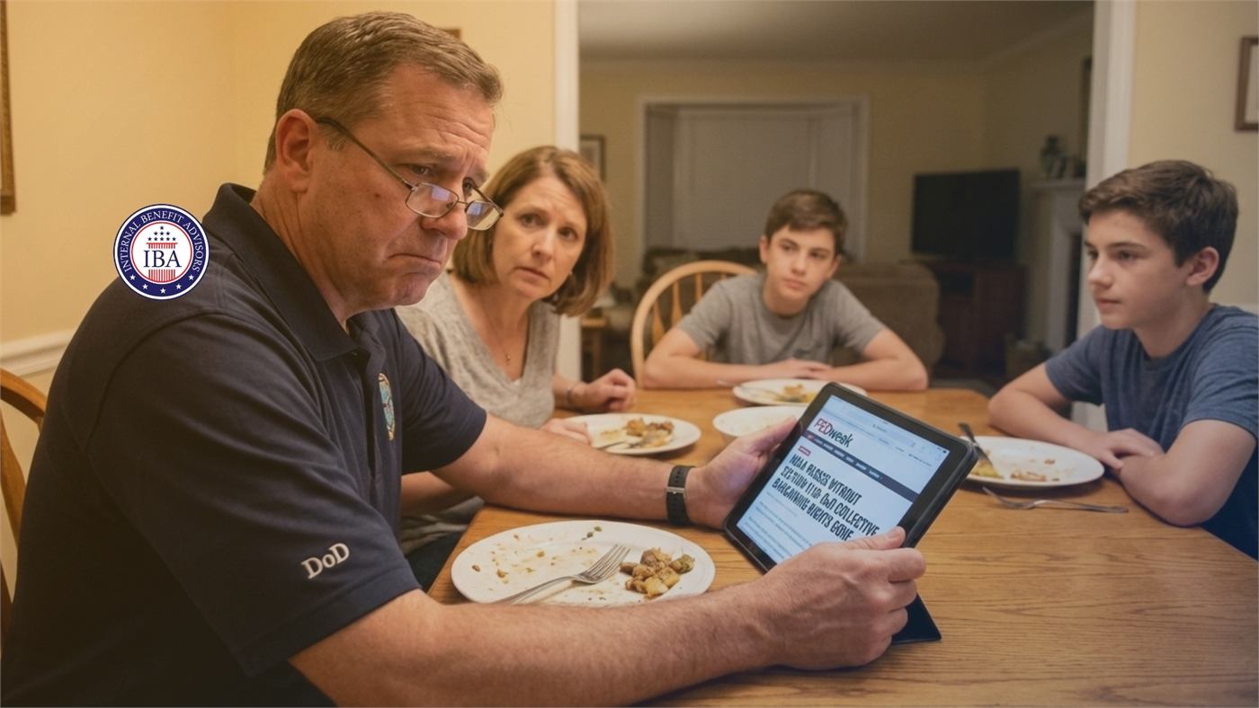 A family at a dinner table, the father reading a tablet showing a Defense Department notice