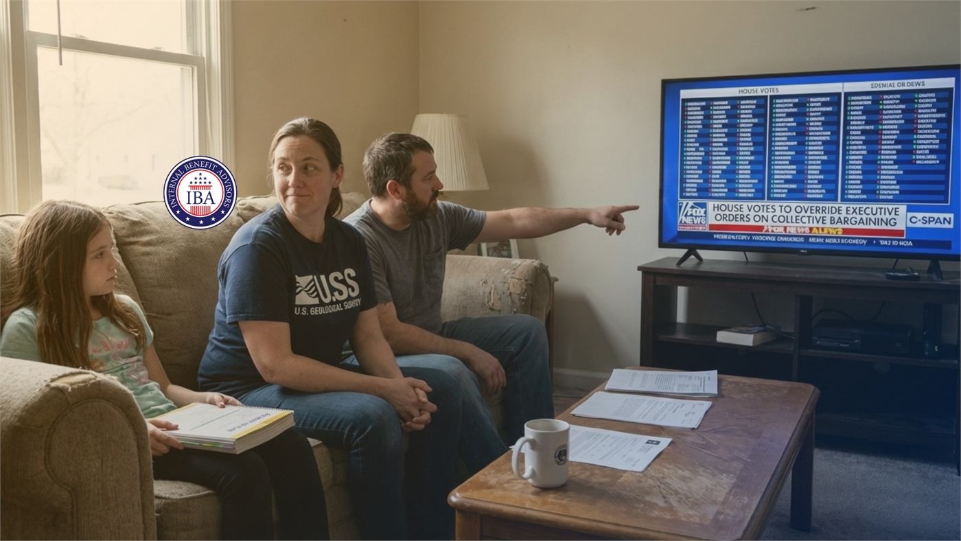 A family in a living room watching a television broadcast about a House vote to override executive orders on collective bargaining