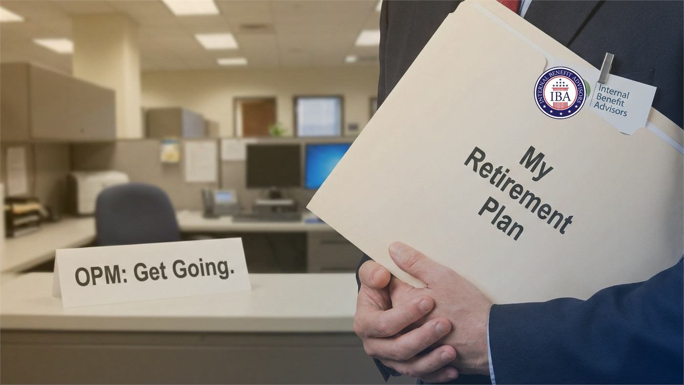A hand holding a folder labelled My Retirement Plan in an office, beside a sign reading OPM: Get Going