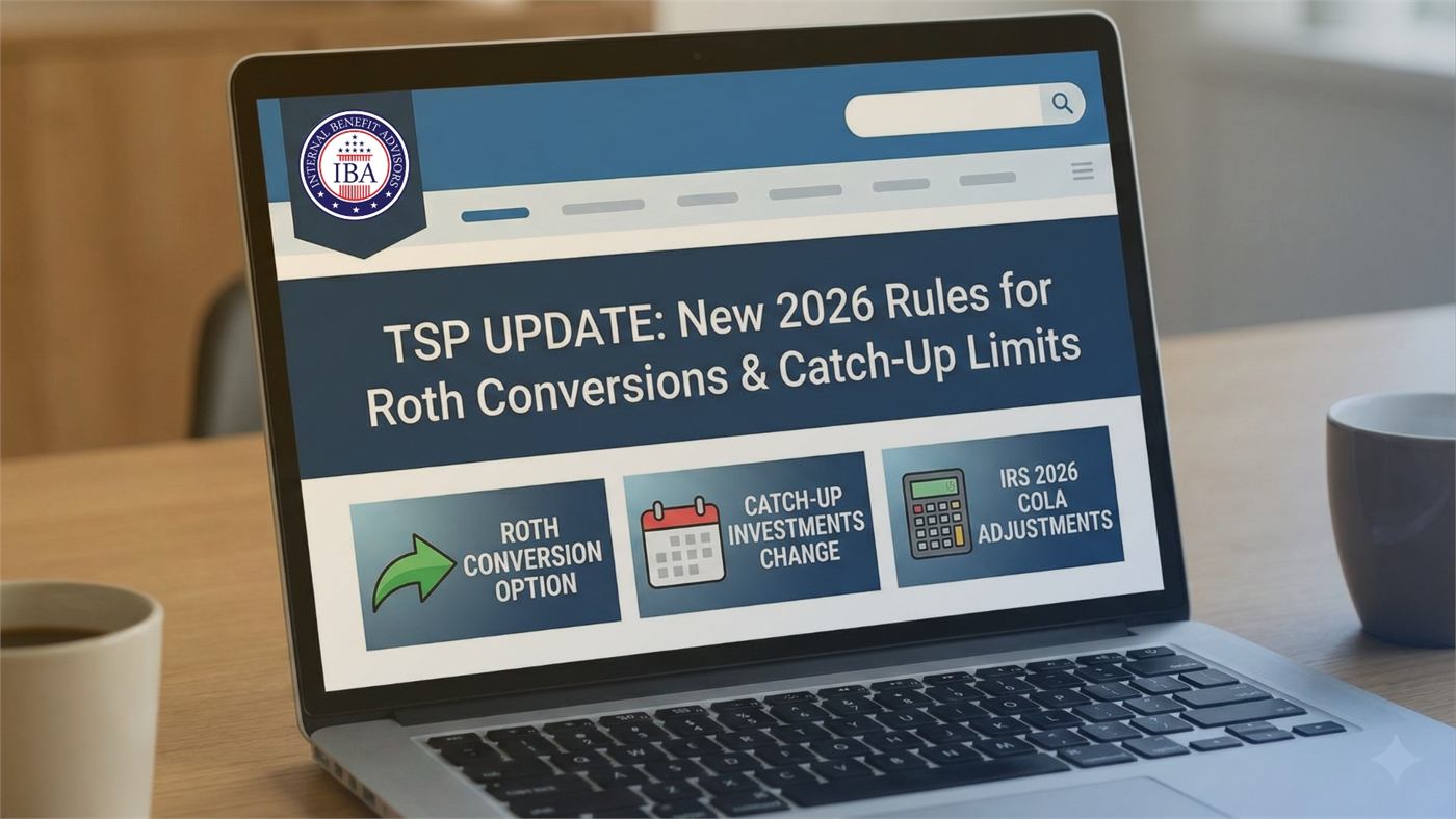 A laptop showing a page headed TSP Update: New 2026 Rules for Roth Conversions and Catch-Up Limits
