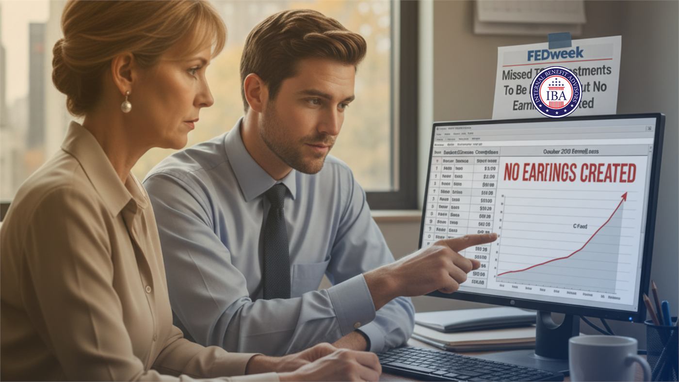 Two colleagues at a monitor showing a fund chart marked No Earnings Created, beside a newspaper about missed TSP investments