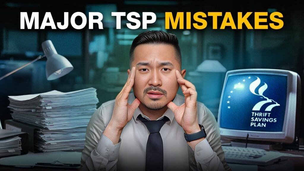 A man holding his head beside stacks of paper and the Thrift Savings Plan logo, beneath the words Major TSP Mistakes