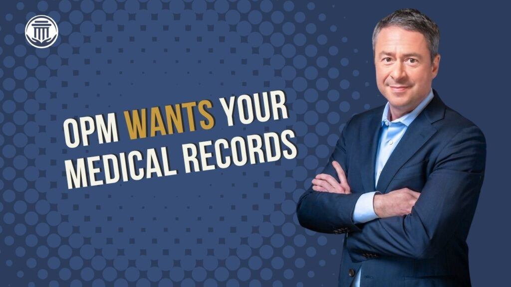 A presenter beside the words OPM Wants Your Medical Records