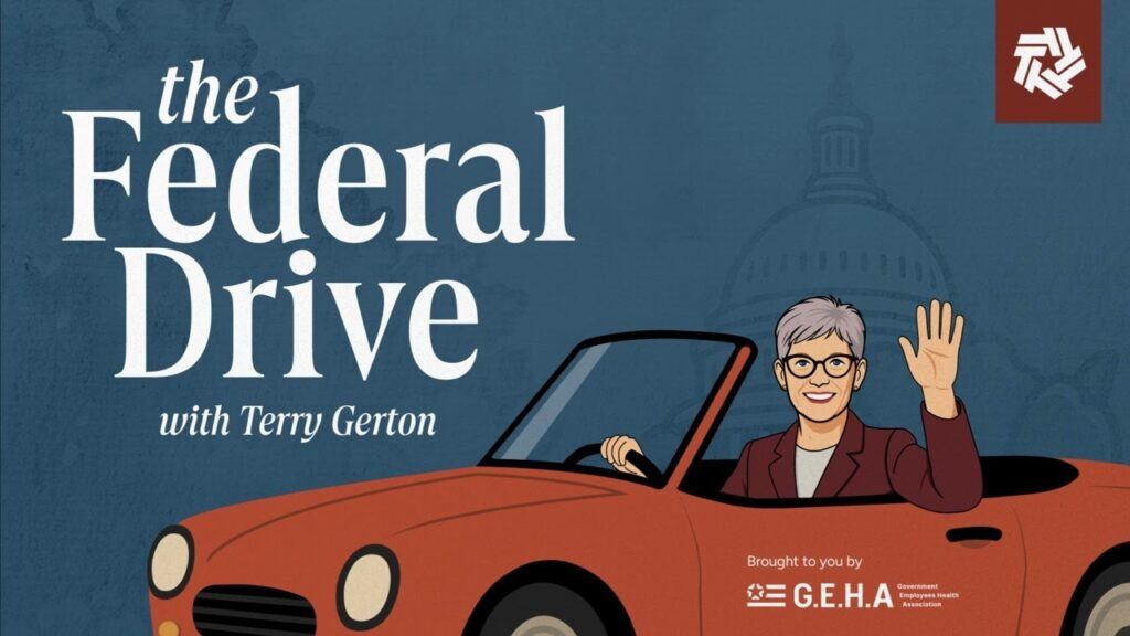 Artwork for the podcast The Federal Drive with Terry Gerton, showing an illustrated presenter in a red car before the Capitol
