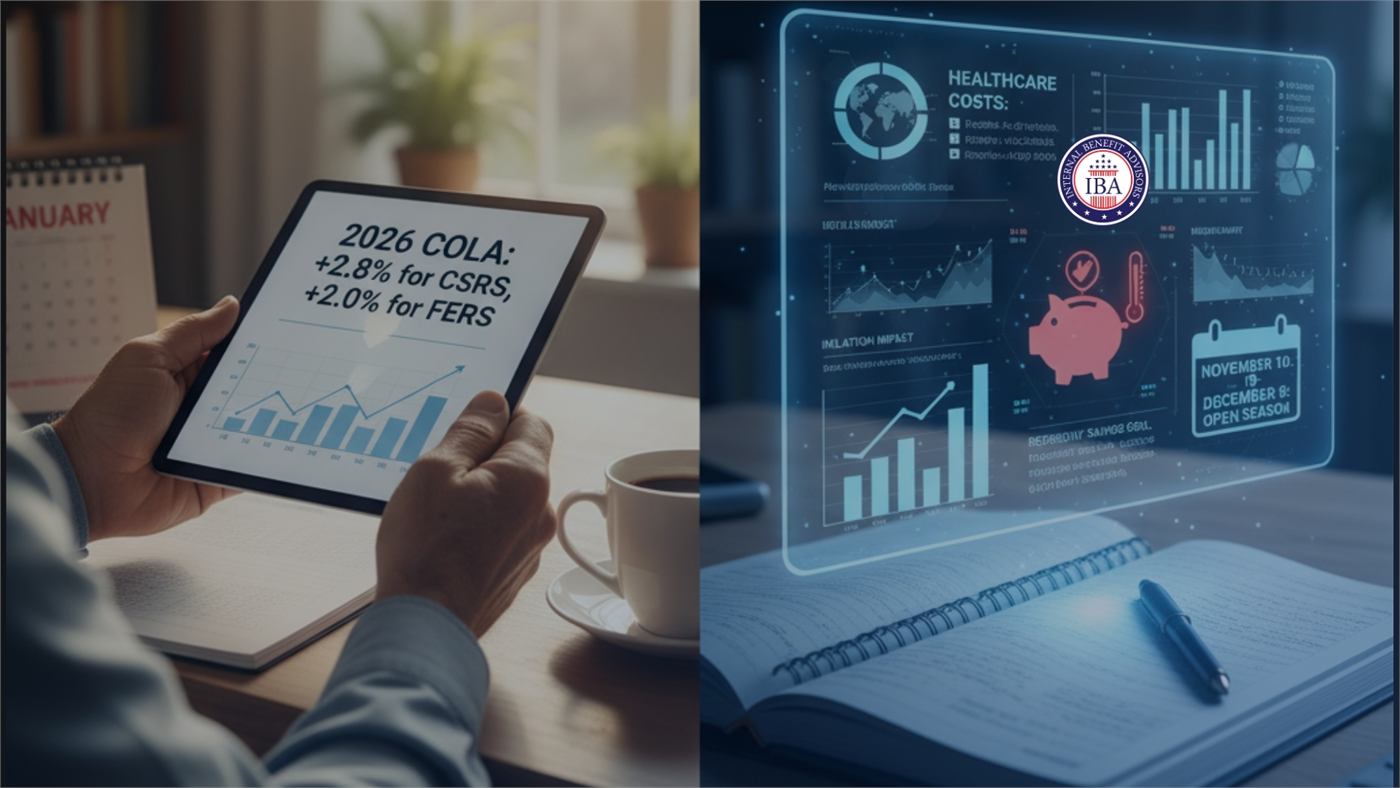 A hand holding a tablet showing a 2026 COLA of 2.8 percent for CSRS and 2.0 percent for FERS, beside a healthcare costs dashboard