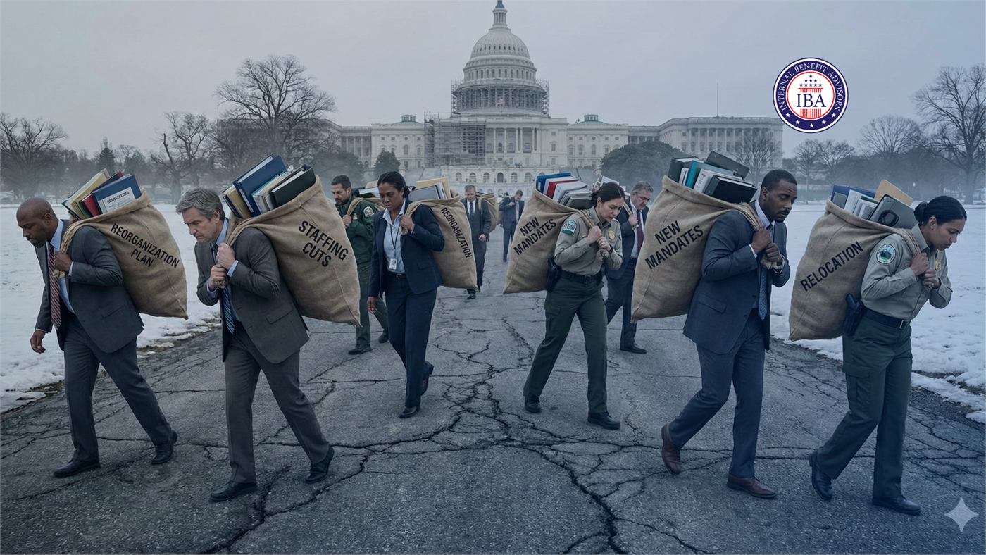 Federal employees carrying heavy sacks labelled staffing gap, new mandates and relocation, walking away from the Capitol