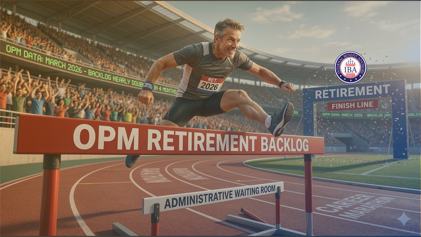 An illustration of a runner hurdling a barrier labelled OPM Retirement Backlog toward a retirement finish line