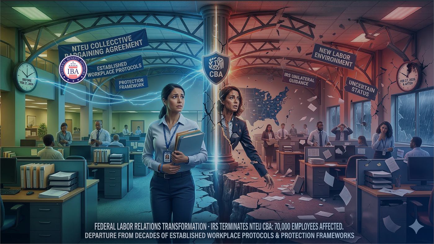 An illustration contrasting an orderly office under an NTEU collective bargaining agreement with a disrupted one, captioned IRS Terminates NTEU CBA, 70,000 Employees Affected