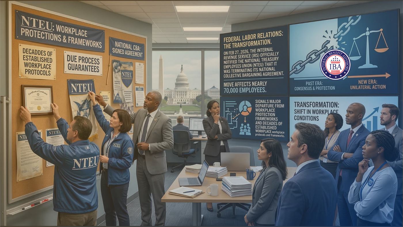 An illustration of NTEU workplace protection documents on a noticeboard beside federal employees, captioned Federal Labor Relations: The Transformation