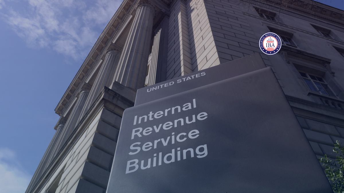 Looking up at the sign on the United States Internal Revenue Service Building