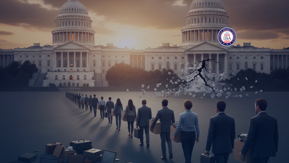 An illustration of federal workers walking away from the Capitol as it cracks apart at sunset