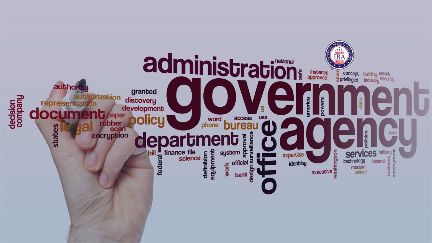A word cloud of government terms including administration, agency, department, policy and office, formed around a hand