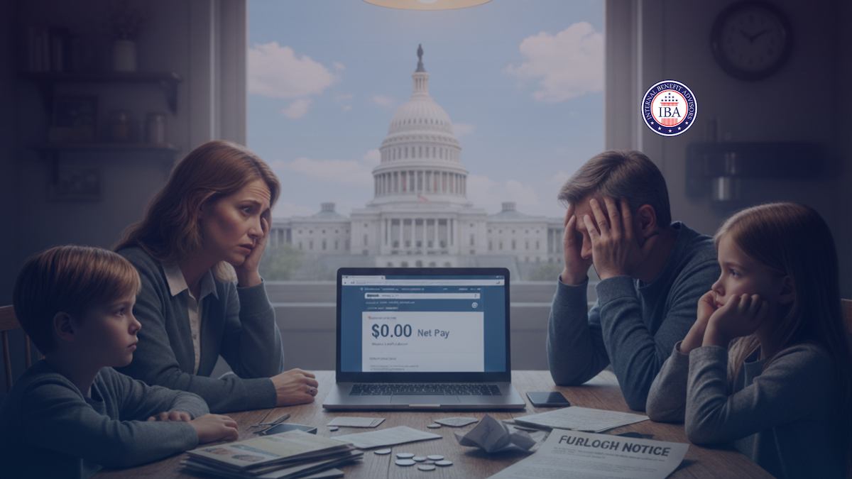 A family at a kitchen table looking at a laptop showing zero net pay, a furlough notice on the table and the Capitol behind