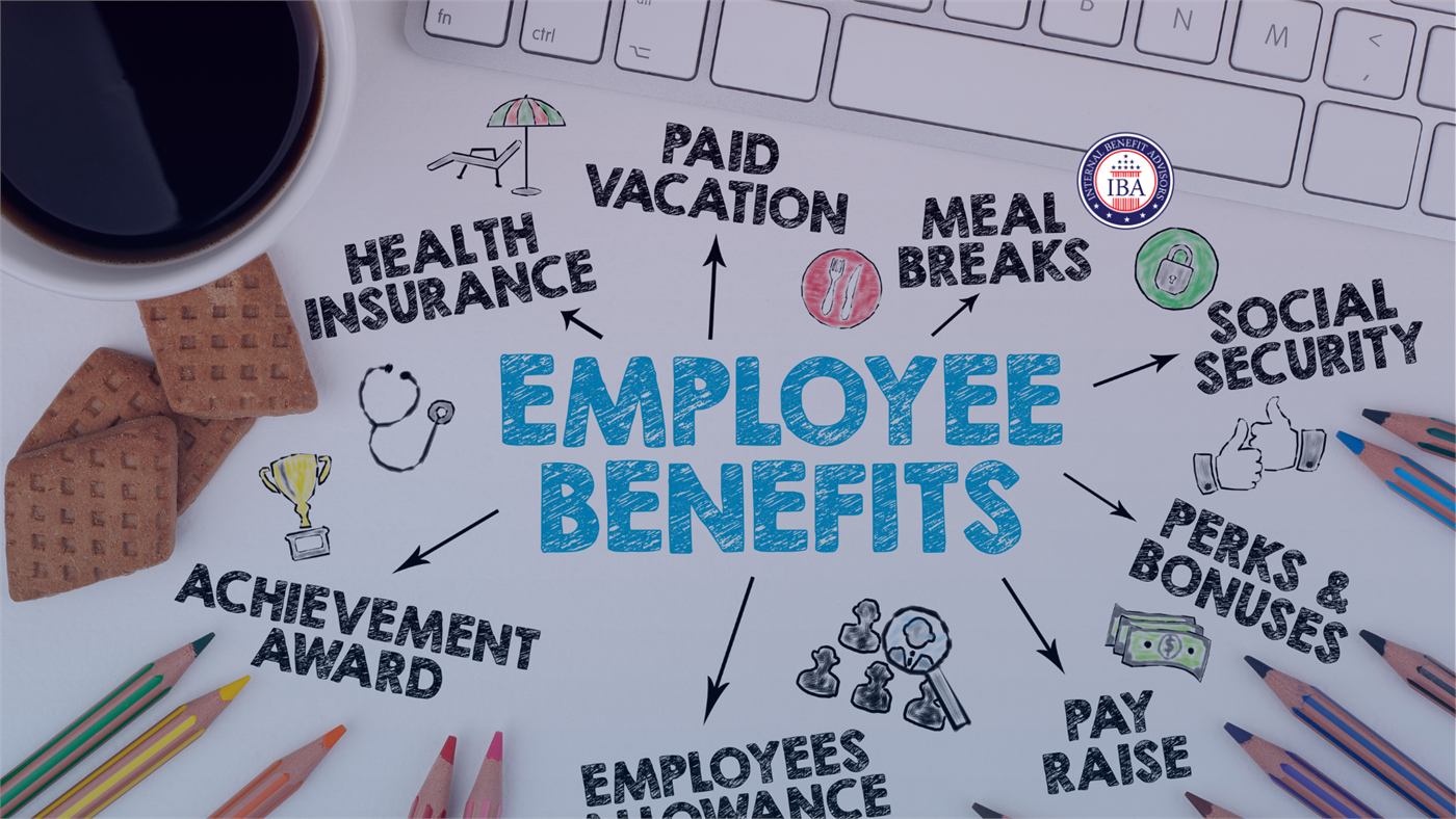 A desk flat lay with a hand-drawn diagram headed Employee Benefits, branching to health insurance, paid vacation, meal breaks, Social Security, pay raise and achievement award