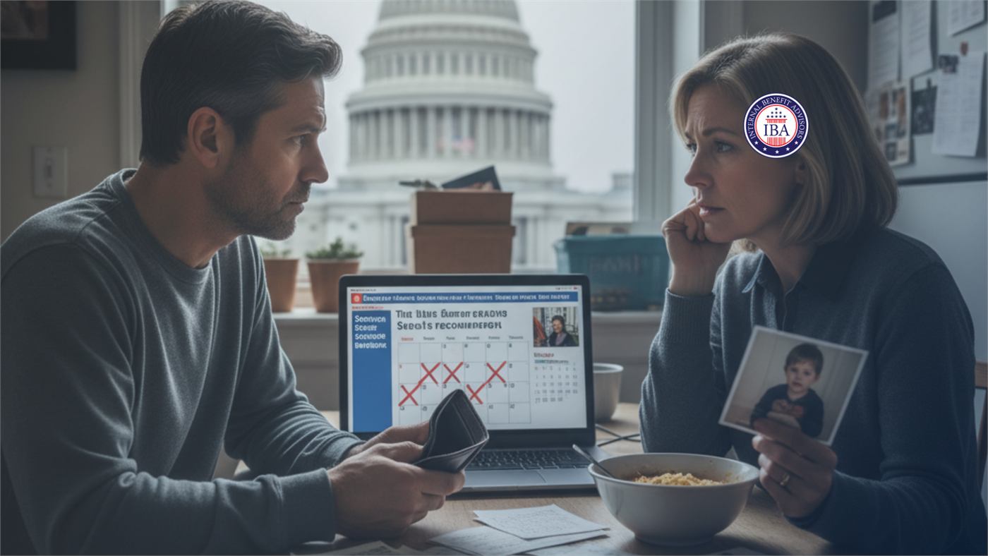 A couple at a kitchen table looking at a laptop showing a news page, the Capitol dome behind them