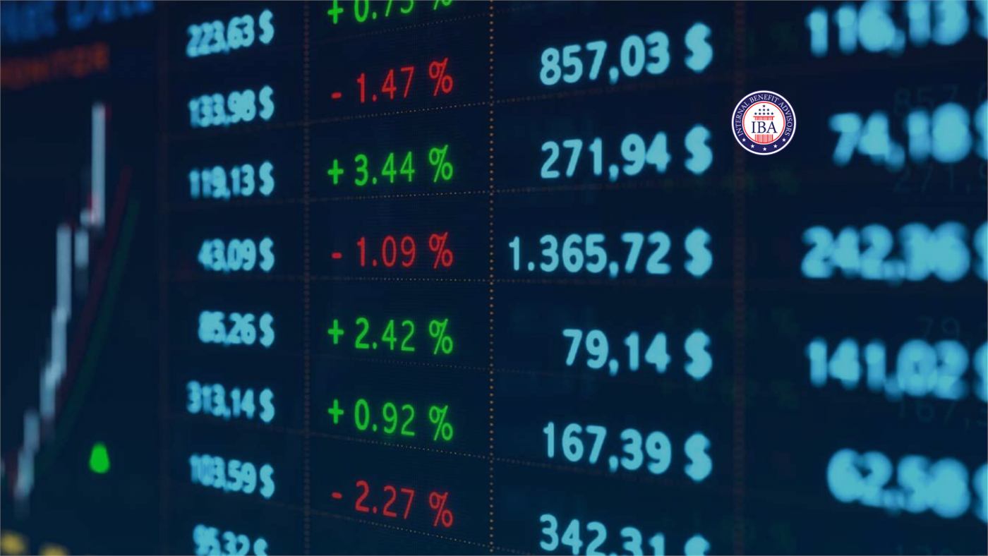 A financial data board showing price quotes and percentage changes in green and red