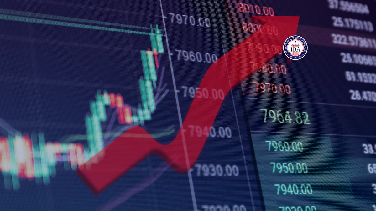A candlestick trading chart with a large red arrow rising across it
