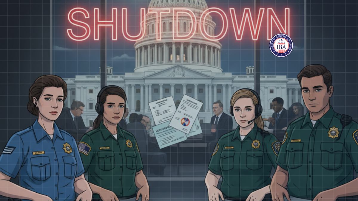 An illustration of uniformed federal officers in front of the Capitol beneath the word Shutdown