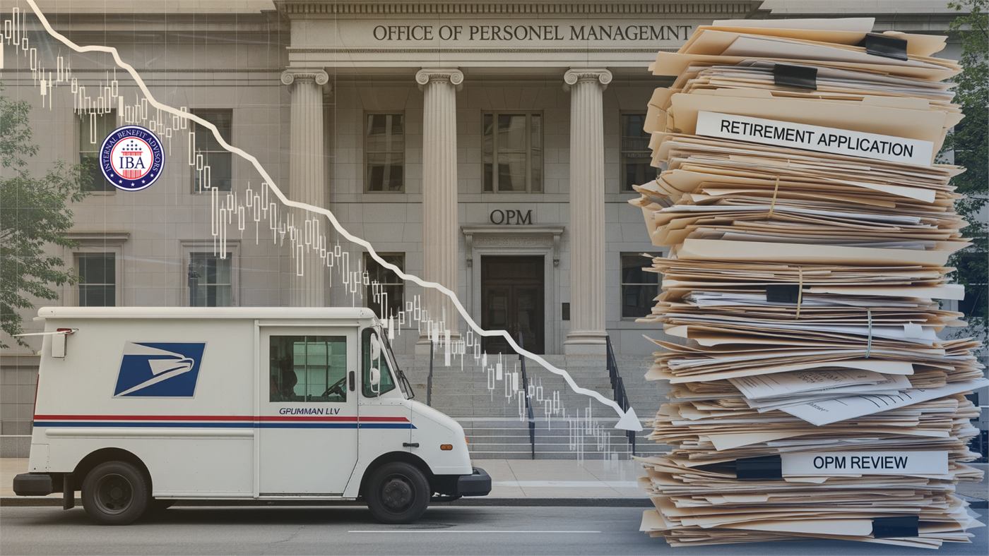 A USPS delivery truck outside the Office of Personnel Management beside a towering stack of retirement applications