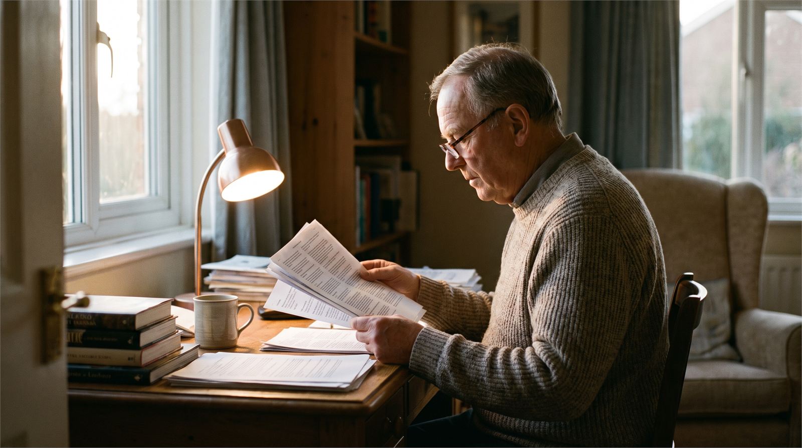 A man in his sixties reading a printed document at a home desk