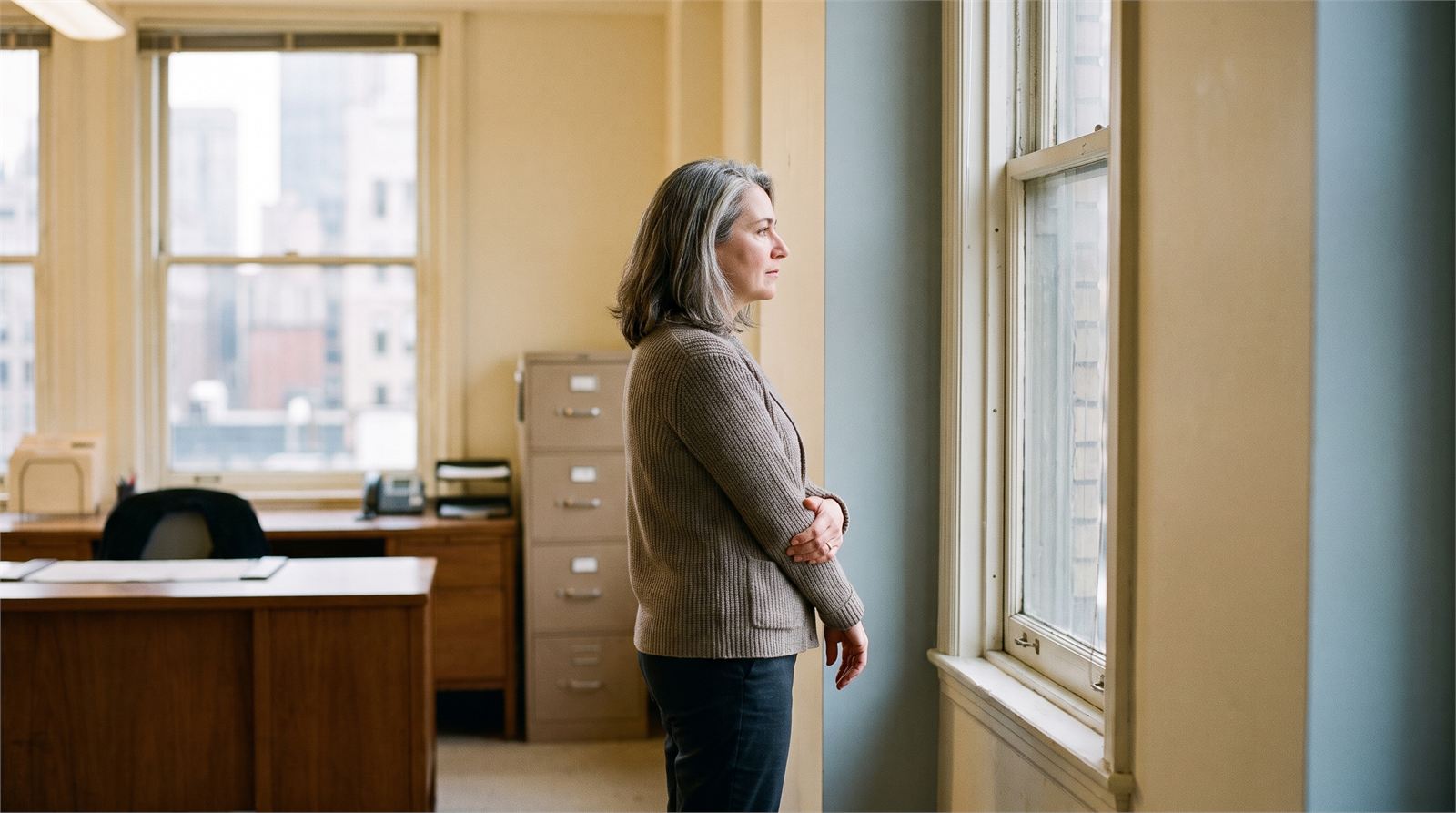A federal employee in her early fifties standing at an office window