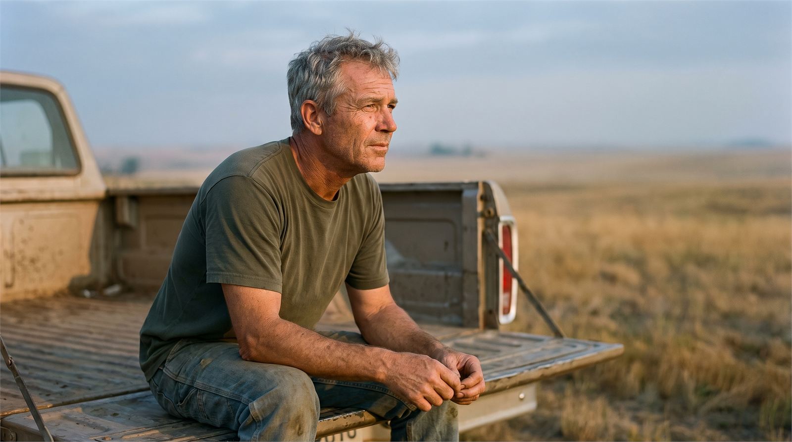 A man in his early fifties sitting on a truck tailgate at dawn